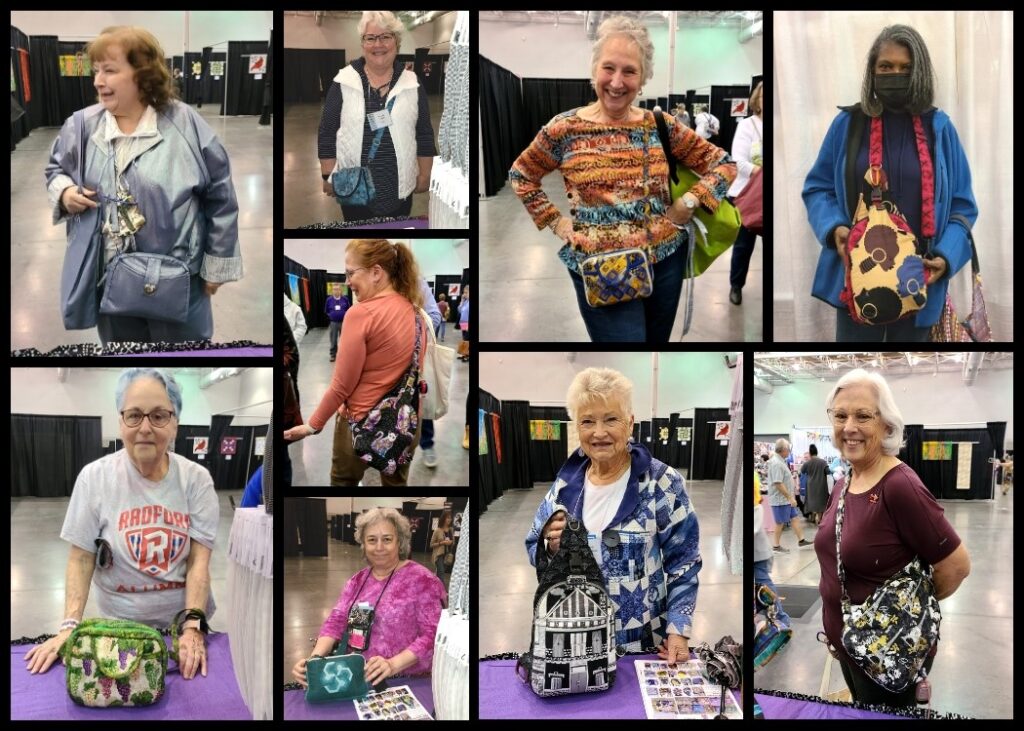 A collage of pictures of women with purses.