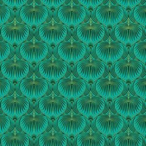A green and gold pattern on a teal background.