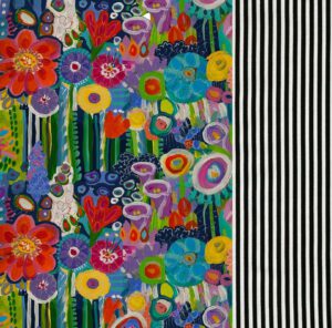 A colorful floral and striped background with a black stripe.