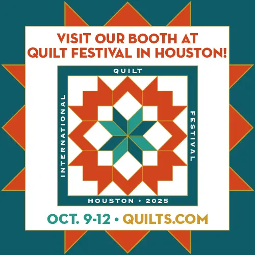 Quilt Festival Houston booth invitation with geometric quilt design.