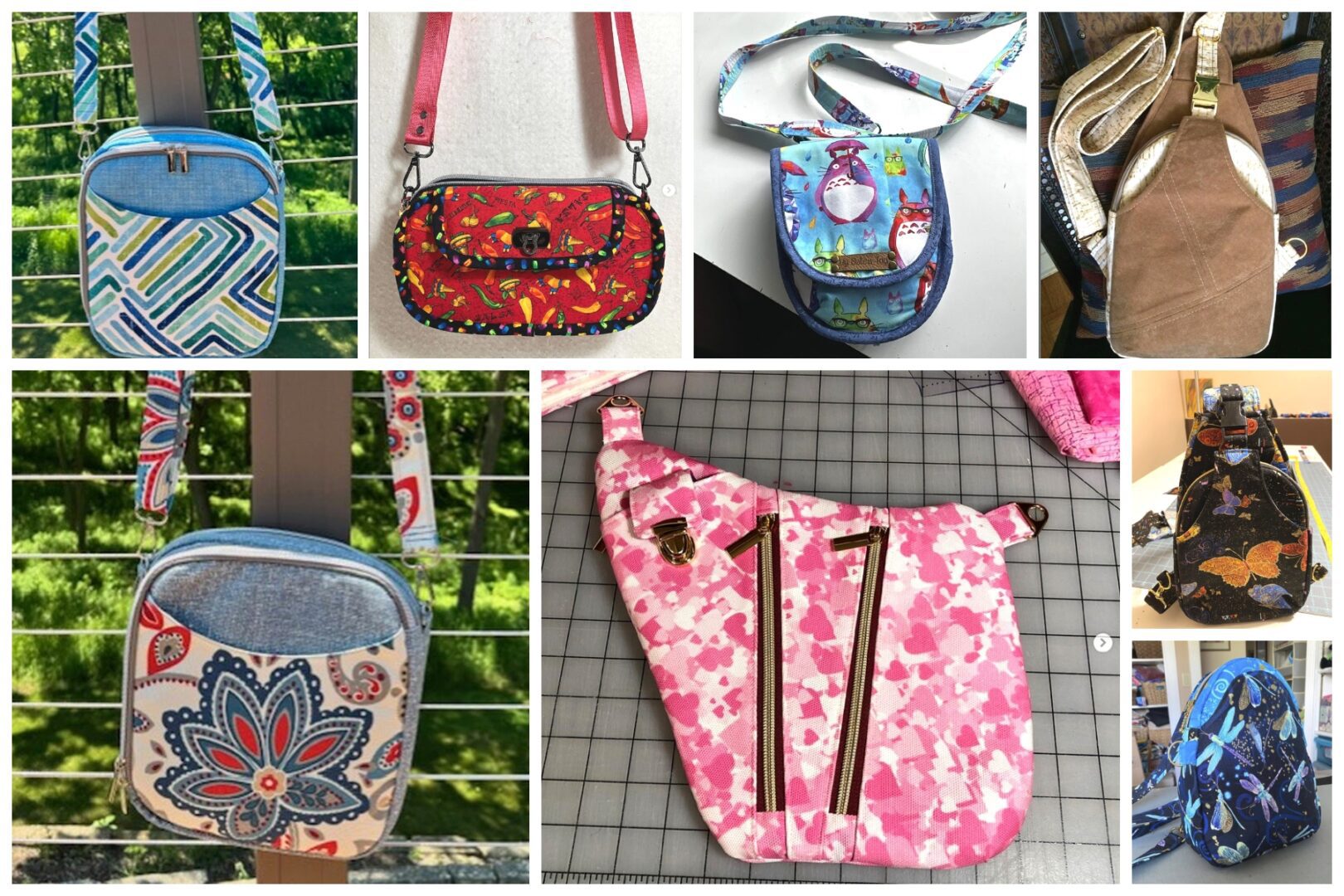 A collage of various colorful handbags with different designs and patterns.