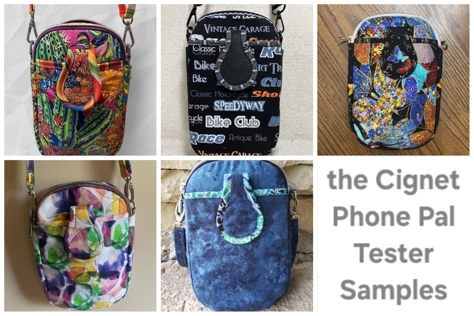 A collage of five colorful, artistic phone cases with unique designs.