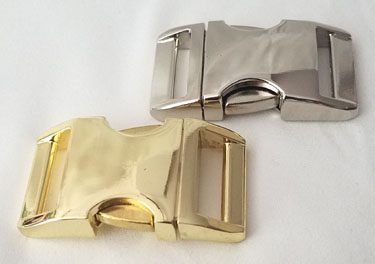 Gold and silver metal belt buckles.