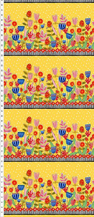 A yellow fabric with flowers and stripes on it.