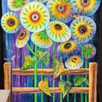 A painting of sunflowers on a fence.