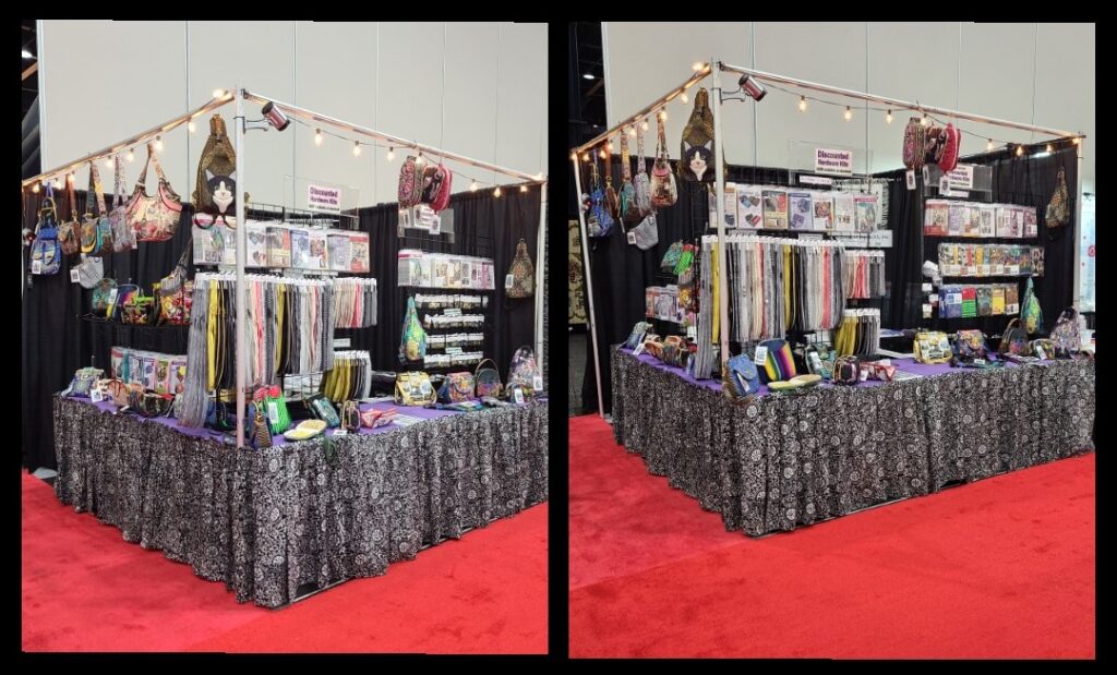 Two pictures of a booth with a lot of decorations.