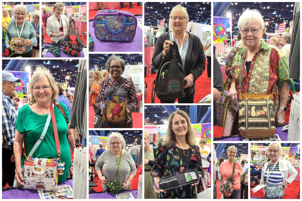 A collage of pictures of older women with purses.