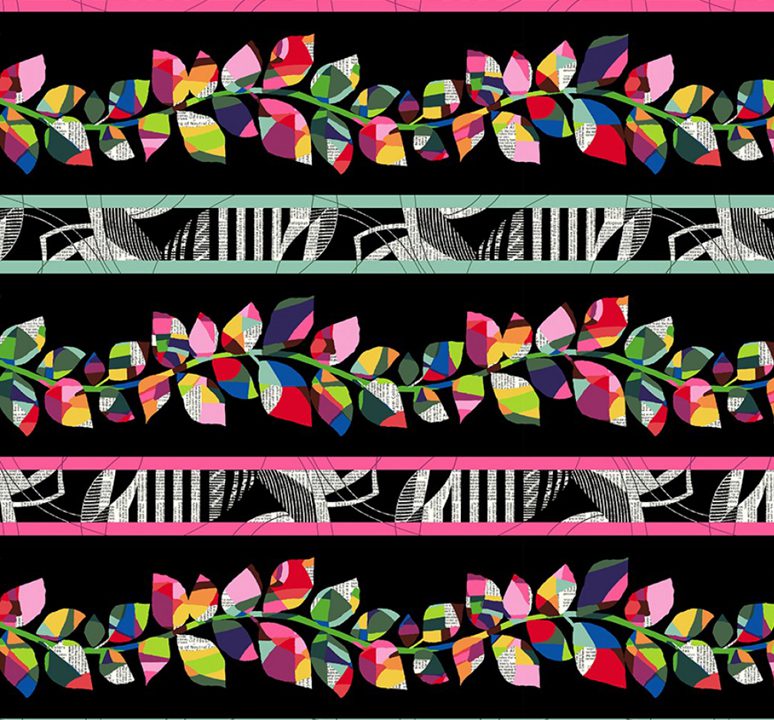 A colorful floral pattern on a black background.