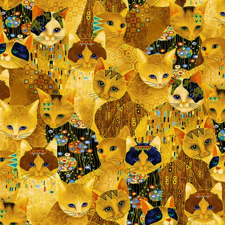 A pattern of cats on a gold background.
