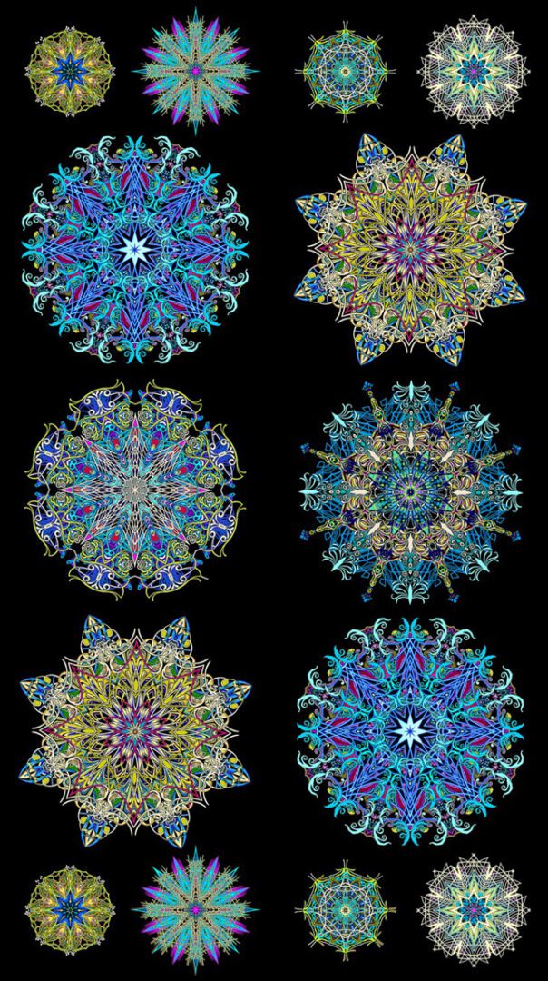 A set of psychedelic snowflakes on a black background.