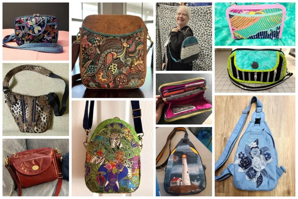 A collage of different bags and purses