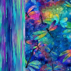 A colorful painting of dragonflies flying in the sky.