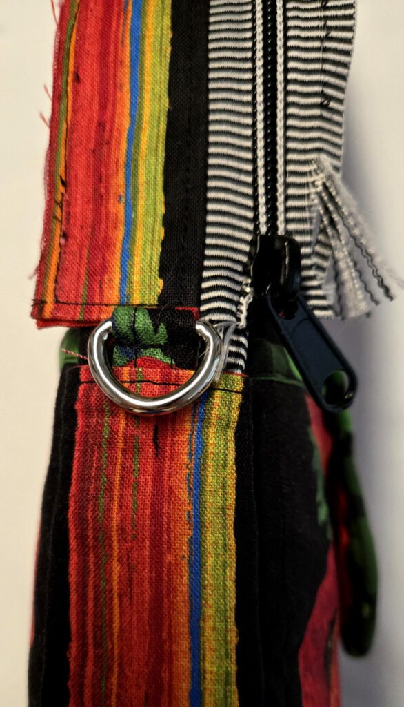 A close up of the colorful strap on a purse