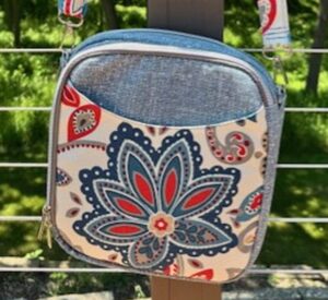 A small bag with a floral and paisley pattern in blue, red, and beige.