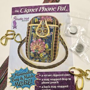 Vintage Cignet Phone Pod with floral design and chain handle, including clips and attachments.