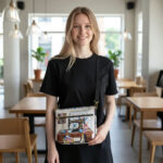 Smiling woman holding a decorated book in a cozy cafe.