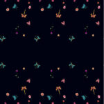 Dark background with scattered colorful small floral motifs.
