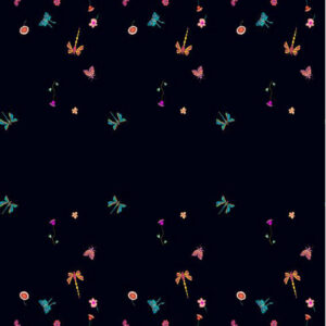 Dark background with scattered colorful small floral motifs.