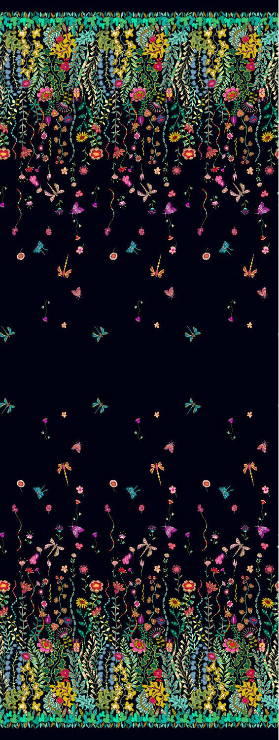 Dark background with scattered colorful small floral motifs.
