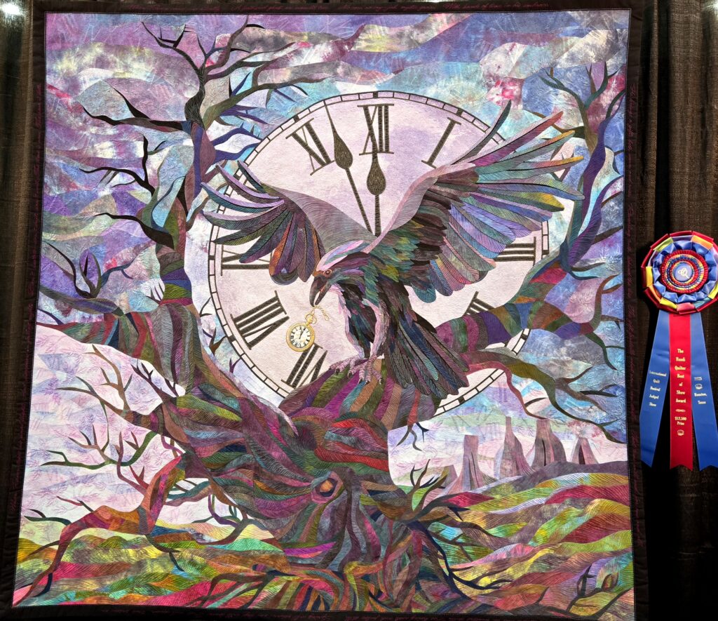 Surreal clock face entwined with a tree and birds in a vibrant landscape.