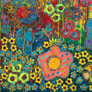 Vibrant abstract floral pattern with dragonflies